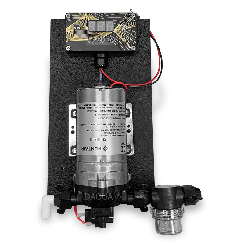 V16 Controller, Shurflo Pump and Fittings Mounted onto PVC Board